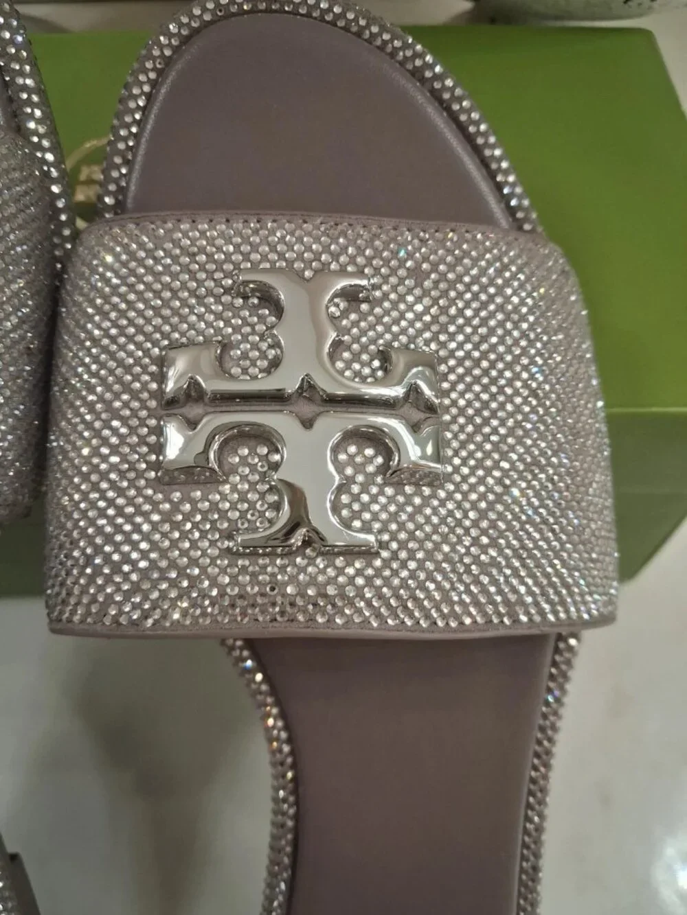 LIKE NEW Tory Burch Crystal Silver Everly Slides Size 8